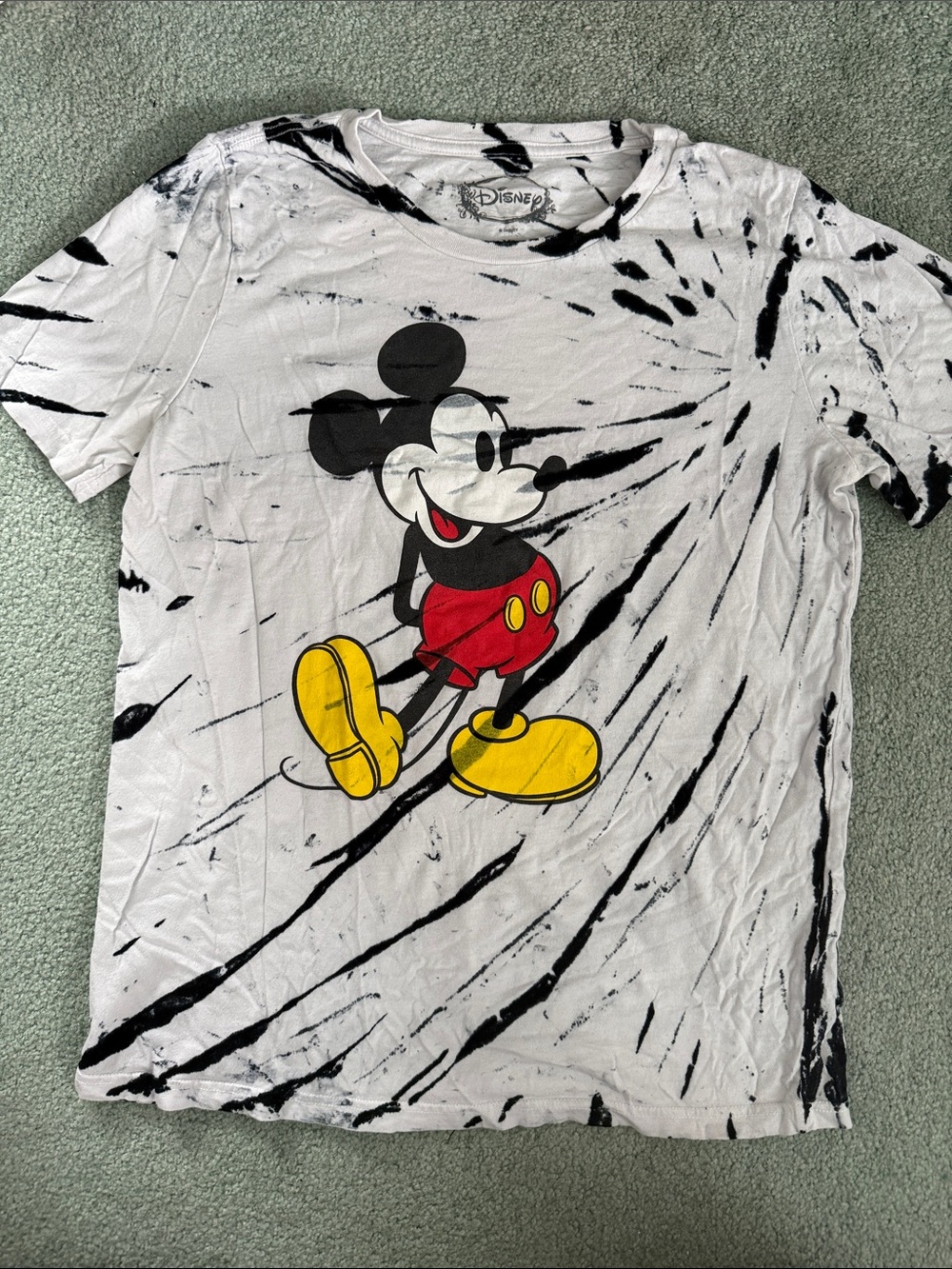 Disney Mickey Mouse Black & White Tie-Dye Tee with Red and Yellow Accent